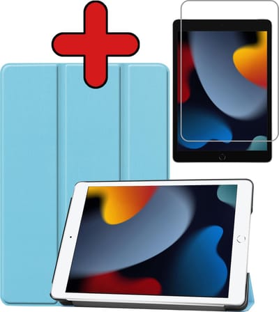 Hoesje - Geschikt voor Apple iPad 9 (2021) - 10.2 inch - 9e Generatie - Met Screenprotector - Hardcover Book Case - Trifold Bookcase Hoes - Hard Cover - Tablethoes - Lichtblauw