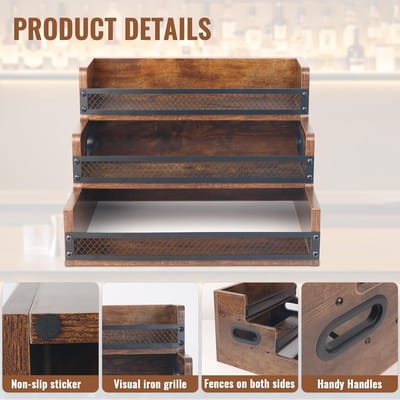 Famanu – Drankfles displayrek voor aanrecht, koffiesiroop organizer met 3 niveaus, geschikt voor likeur- en wijnflessen, koffiestation rek met handgrepen en hekje, retro bar plank voor thuis (tot 12 flessen)