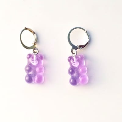 Zilverkleurige oorbellen Gummy Bear paars