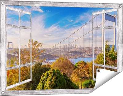 Gards Tuinposter Doorkijk Bosphorus Brug in Instanbul - 90x60 cm - Tuindoek - Tuindecoratie - Wanddecoratie buiten - Tuinschilderij