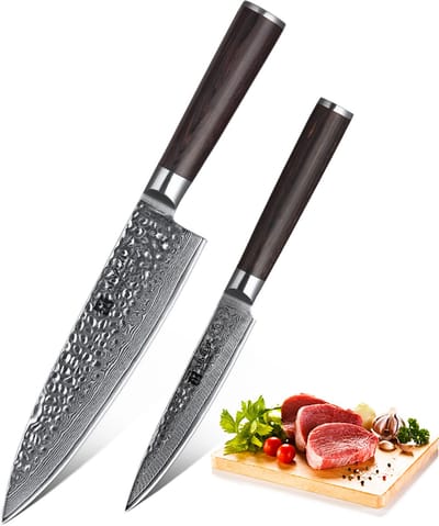 Xinzuo B1H Series - Set van 2 messen - Professioneel - Gehamerd Damascus staal (67 laag met kern van 10Cr15CoMoV) - Vlijmscherp - Messenset inclusief geschenkdoos