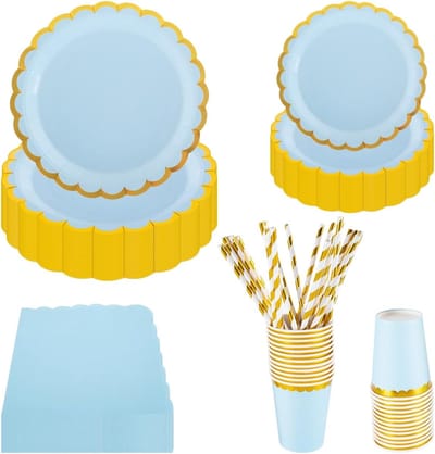 25-persoons Blauwe Feestservies Set - 125ST Folie Goud Floral Papieren borden, Koper, Servetten & Rietjes - Blauw Feestaccessoires voor Verjaardag, Picknick, Bruiloft, Baby Shower