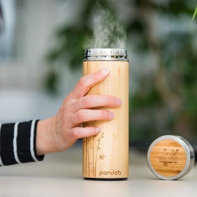 Pandoo Bamboe Thermosfles met Theezeef - 360 ML - Duurzaam - Dubbelwandig - Reis Thermosbeker