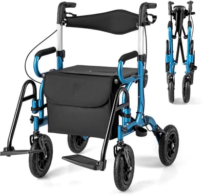 COSTWAY 2-In-1 Rollator met Luchtbanden en Zitting Rolstoel en Reisrollator Loophulp 6-Voudig in Hoogte Verstelbaar Loopwagen met Tas