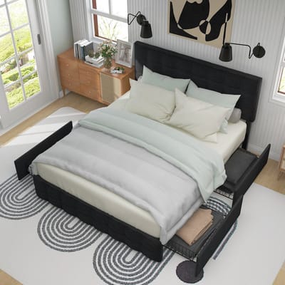 Sweiko Gestoffeerd bed met 4-laden, tweepersoonsbed met lattenbod, opbergbed, in hoogte verstelbaar hoofdeinde, vierkant naaiontwerp, metalen lattensteun, Linnenmateriaal (140*200 cm, Zwart)