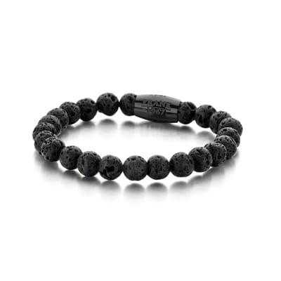 Frank 1967 - 7FB-0049 - Rekbare Natuurstenen Armband Heren - Lava Steen met Stalen element - 8mm - 20cm - Zwart