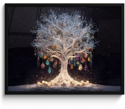 Poster in lijst - Fotolijst 80x60 cm - Posters - Sneeuwboom - Lichtjes - Wit - Kleurrijk - Posterlijst zwart - Decoratie - Wanddecoratie woonkamer - Muurdecoratie slaapkamer - Kerstversiering - Kerstdecoratie voor binnen - Kerstmis