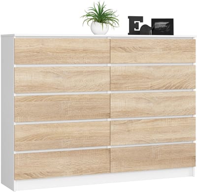 Ladekast K160 met 10 Lades / AKORD Furniture Factory / Wit – Sonoma Eik / 160 x 121 x 40 cm