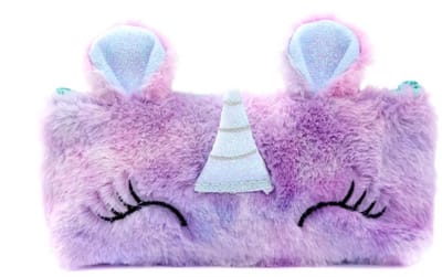 Unicorn Etui Meisjes – Fluffy Pluche Pennenzak Paars Multicolor – Eenhoorn School Etui met Rits – 20x14 cm