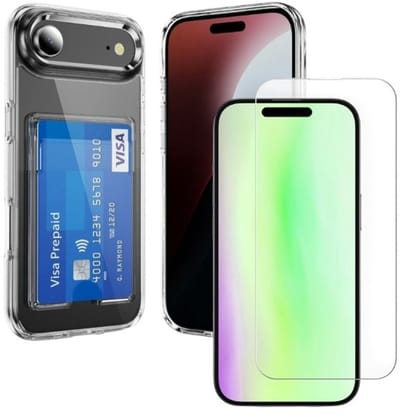 Schokbestendig TPU Hoes Geschikt voor: iPhone 17 Air - Transparant - Hoesje met Achterkant Pasjeshouder + 2x Screenprotector