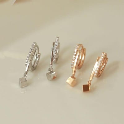925 Sterling Zilver Glanzende Zirconia Kleine Vierkante Ring Oorbellen Voor Vrouwen Feest Goud Zilver Kleur Geometrische Sieraden S-E1298 beige