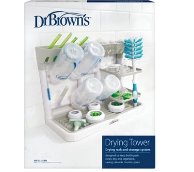 Dr. Brown's Baby Bottle Drying Tower - Verticale Flessendroogrek voor Babyflessen & Accessoires - Ruimtebesparend Aanrecht Droogrek - Grijs/Wit