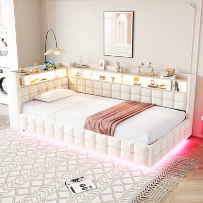 MODENUIT Gestoffeerd Bed 90x200 cm – Sofabed met LED-verlichting en laadpunten – Hydraulische opbergruimte – Zonder matras – Beige