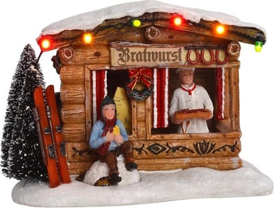 Luville Kerstdorp Miniatuur Braadworstkraam - Kerstversiering voor je Kerstdorp Tafereel - Guirlande met Verlichting - Kerstslingers Decoratie - L13,5 x B10,5 x H9,5 cm
