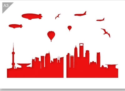 Shanghai skyline sjabloon - Kunststof A3 stencil - Kindvriendelijk sjabloon geschikt voor graffiti, airbrush, schilderen, muren, meubilair, taarten en andere doeleinden