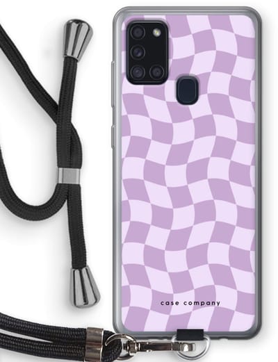 Case Company® - Hoesje met koord geschikt voor Samsung Galaxy A21s hoesje met Koord - Grid Paars - Telefoonhoesje met Zwart Koord - Bescherming aan alle Kanten en Over de Schermrand