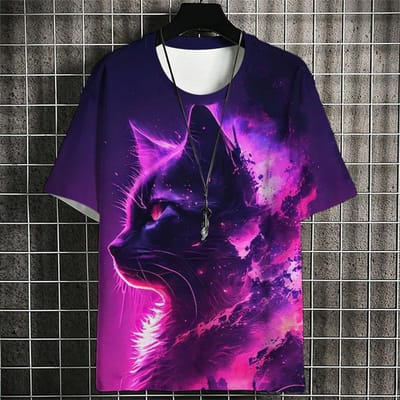 Kat Krijger Patroon T-shirt Voor Mannen Kleurrijk Dier 3D Geprint Korte Mouw Tops Zomerlos Casual Ronde Hals T-shirts Straat T-shirts 6XL purple