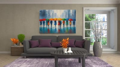 Canvas Schilderij - Kunst - Gekleurde paraplu's in de regen - Wanddecoratie - Woonkamer - Slaapkamer - 120x80 cm