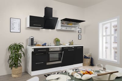 Goedkope keuken 220  cm - complete keuken met apparatuur Amanda  - Wit/Zwart - soft close - keramische kookplaat - vaatwasser - afzuigkap - oven    - spoelbak