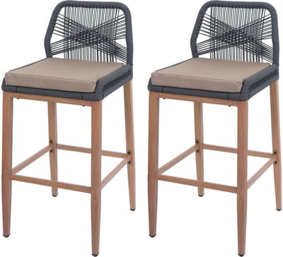Set van 2 Touw barkrukken MCW-O21, buiten zitkussen touw vlechtwerk metaal hout-look ~ antraciet, kussen taupe