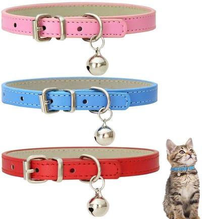 Dailygoods- Kattenhalsband Veiligheidshalsband - Handgemaakt Leer - Elastische Band - Met Bel - Totale Lengte 30 cm - Gewicht 13 gram - Kattenband
