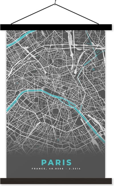 Posterhanger incl. Poster 40x60 cm - Schoolplaat - Parijs - Plattegrond - Frankrijk - Stadskaart - Kaart - Textielposter - Zwarte latten - Stadskaart