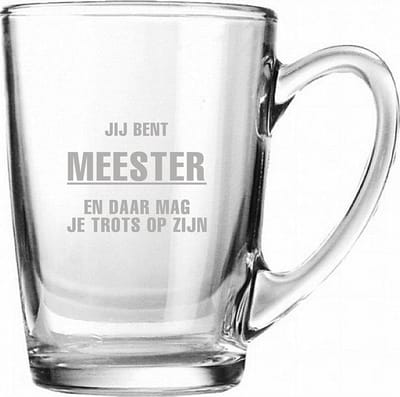 Gegraveerde theeglas 32cl Jij bent Meester en daar mag je trots op zijn