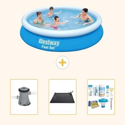 Bestway Rond Opblaasbaar Fast Set Zwembad - 366 x 76 cm - Blauw - Inclusief Pomp - Solar Mat - Onderhoudspakket - 4-delig
