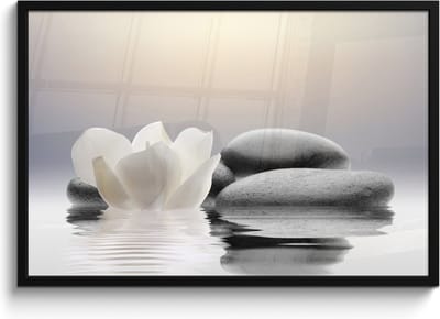 Poster in lijst - Fotolijst 90x60 cm - Posters - Stenen - Lotus - Wit - Water - Zen - Posterlijst zwart - Wanddecoratie badkamer - Muurdecoratie WC - Decoratieve accessoires - Toilet muur decoratie