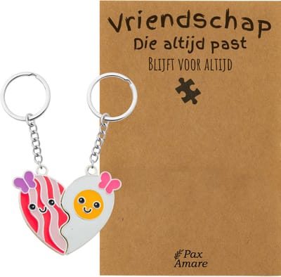 BFF Sleutelhanger voor 2 'Vriendschap die altijd past' - Magnetisch Hartje Bacon & Ei - Sleutelhanger set op Cadeau Kaartje - Zilverkleurig - Vriendschap Symbool - Pax Amare