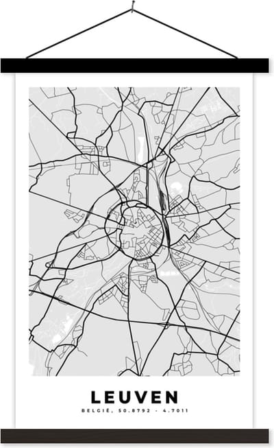 Posterhanger incl. Poster 40x60 cm - Schoolplaat - Zwart Wit – België – Plattegrond – Stadskaart – Kaart – Leuven - Textielposter - Zwarte latten - Stadskaart