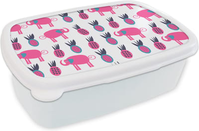 Broodtrommel Wit - Lunchbox - Brooddoos - Ananas - Olifant - Design - 18x12x6 cm - Volwassenen