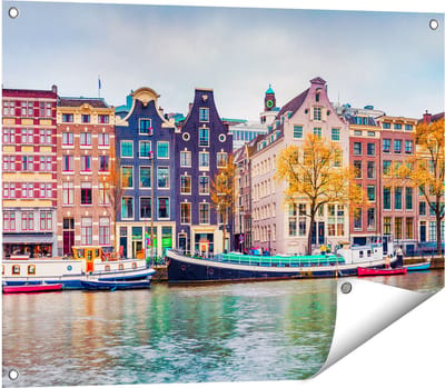 Gards Tuinposter Amsterdamse Huisjes vanaf de Gracht - 80x60 cm - Tuindoek - Tuindecoratie - Wanddecoratie buiten - Tuinschilderij