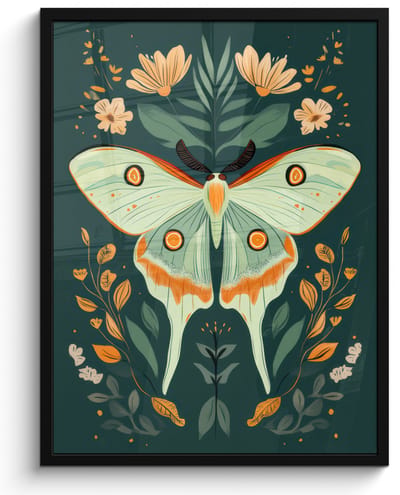 Poster in lijst - Fotolijst 50x70 cm - Posters - Sierlijk - Vlinder - Groen - Bladeren - Posterlijst zwart - Decoratie - Wanddecoratie woonkamer - Muurdecoratie slaapkamer