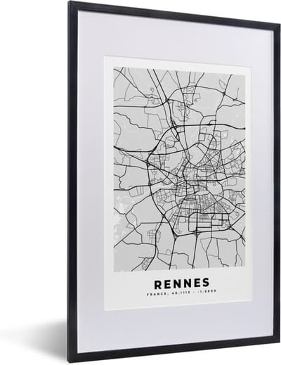 Fotolijst incl. Poster - Kaart - Stadskaart - Frankrijk - Rennes - Plattegrond - 40x60 cm - Posterlijst