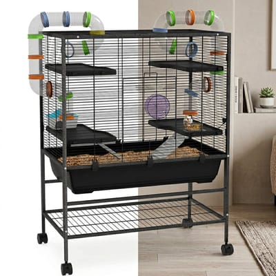 Hamsterkooi - Cavia kooi - Rattenkooi - Huisje - 3 Niveaus - Verwijderbare Lade - Met Voederstation - Zaag - Loopplank - Hutten - Staal - 109 x 82 x 46 cm - Zwart