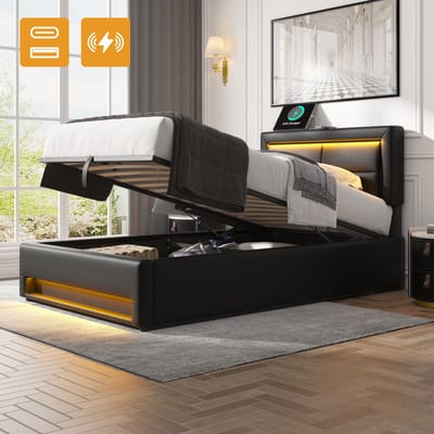 Gestoffeerd bed - 90x200 cm - LED en USB met Draadloos Opladen - Opbergruimte - PU - Zwart