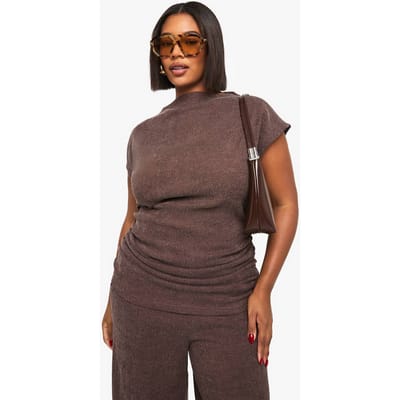 boohoo Dames Plus gerafelde asymmetrische top | Chocoladebruin | Maat: 44