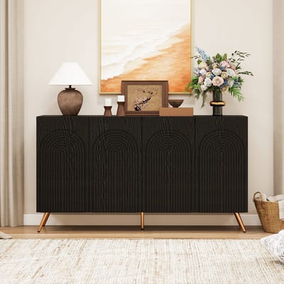 Dressoir - 3D Ribbelpatroon met Boogdeuren en Verstelbare Planken - Hout - Zwart