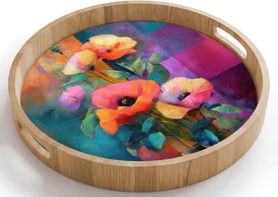 Dienblad rond 40x40 cm - Schootdienblad hout - Geometrische kleurvlaken - Modern - Fantasiebloemen - Borrelplank rechthoek - Plateau houten dienbladen