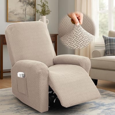Set van 4 Verstelbare Stoelhoezen voor 1-zits Relaxstoelen met Zakjes en Armleuningen, Wasbaar in Grijs en Bruin met Jacquard Strepen