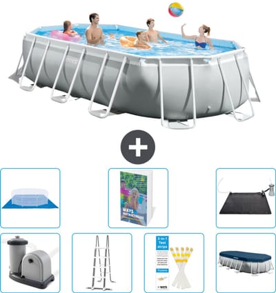 Intex Ovaal Prism Frame Zwembad - 503 x 274 x 122 cm - Grijs - Inclusief Pomp - Ladder - Grondzeil - Afdekzeil Solar Mat - 8-delig