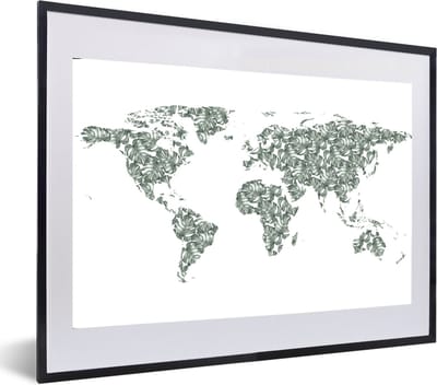 Poster in lijst - Fotolijst 60x40 cm - Posters - Wereldkaart - Tropische Planten - Wit - Posterlijst zwart - Decoratie - Wanddecoratie woonkamer - Muurdecoratie slaapkamer