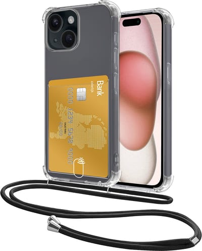 Hoes Geschikt voor Apple iPhone 15 Hoesje Pasjeshouder Cover Met Koord Shock Proof Case Siliconen Hoes Met Telefoonkoord en Kaarthouder - Transparant