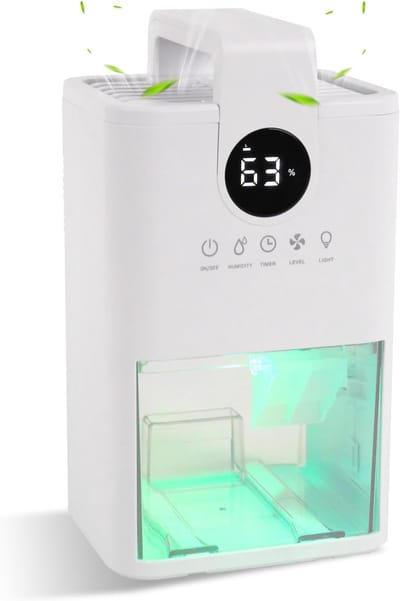 5-in-1 Ontvochtiger - 1L Doorzichtige Tank - Timer en Automatische Uitschakeling - 7 Kleuren LED Verlichting - Voor Kelder en Slaapkamer - Draagbaar Ontwerp