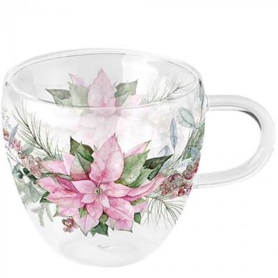 Ambiente-dubbelwandig theeglas-pink pointsetta-roze kerstroos-Kerst-Christmas-kado-borosilicaat