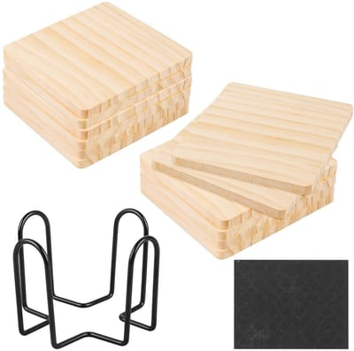 Dailygoods- Onderzetters Set van 12 - Houten Onderzetters - Onderzetters voor Glazen - Onderzetters met Houder - Antislip Pads - 10 x 10 x 0,8 cm - Houten Coasters