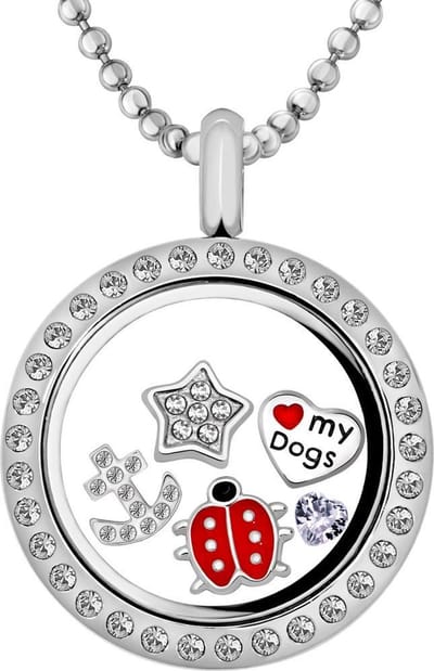 Quiges - Memory Medaillon 25mm met Ketting 70cm en 5 Floating Charms - RVS Zilverkleurig  - CLS017