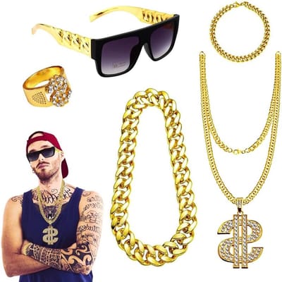 Hip Hop Kostuum Set voor Mannen, 80s Outfit met Gangster Sieraden, Dollar Tekens, Gouden Ketting en Zonnebril voor Feestjes en Thema-avonden
