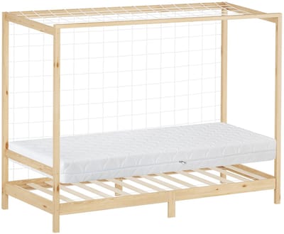 Kinderbed in de vorm van een voetbaldoel, 90 x 200 cm, naturel, van grenenhout, inclusief matras (H-16 cm), handbaldoel met lattenbodem en doelnet ML-Design